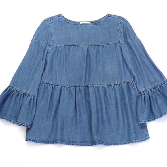 beachlunchlounge Women's Chambray Denim Blue 3/4 Bell Sleeve Lyocell Top S/P - Picture 8 of 10